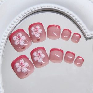 French style ice-flower press-on toe nails with 3D cherry blossom floral design