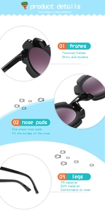 Detail view of flower-shaped children sunglasses with durable TR frame and purple lenses