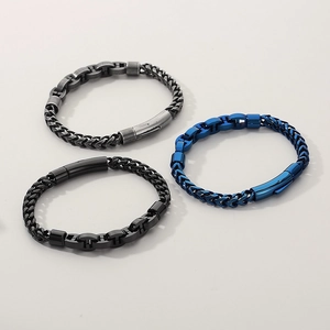 Men's stainless steel curb and pig nose link bracelet in silver, blue, and black finish