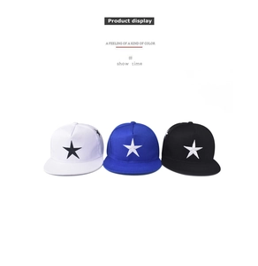 Flat brim snapback hats in white, blue and black with large star embroidery display