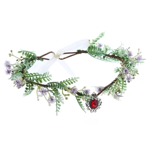 Floral fairy crown with green leaves, purple flowers and red crystal drop pendant