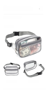 Front and back views of transparent PVC fanny pack with grey strap and quick-release buckle