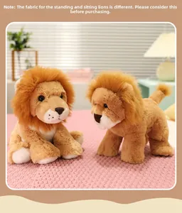 Detail of plush lion toys showing different fabric textures in standing and sitting poses