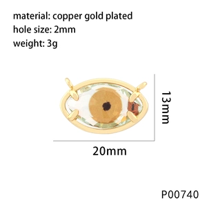 Detailed specs of 18K gold plated copper evil eye pendant showing dimensions and weight
