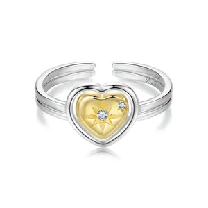 925 Sterling Silver Heart Open Ring For Women Adjustable Gold Plated Zirconia Starburst Couple Ring Fashion Jewelry Gift