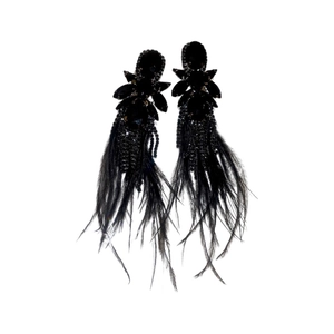 Dark style long tassel earrings with black rhinestones and soft feather drops