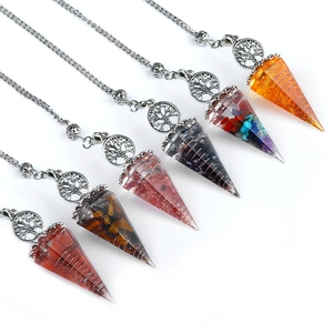 Tree of Life hexagonal resin crystal pendants in multiple colors with stone chips