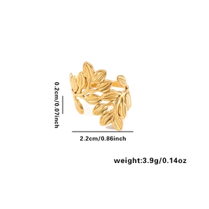Adjustable stainless steel heart leaf ring with gold finish and detailed measurements