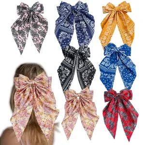 Retro paisley print large bow hair clips with long streamers in multiple colors