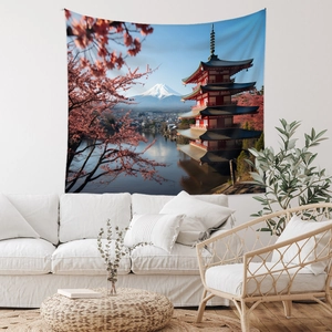 Detail of Japanese landscape tapestry with Mount Fuji and cherry blossoms in a living room