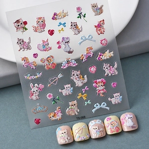 5D Relief Cute Cat Nail Art Stickers 3D Embossed Cartoon Animal Decals Waterproof DIY Manicure Accessories For Women
