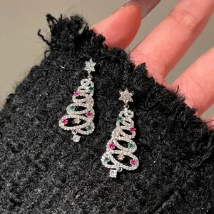 Sparkling S925 silver Christmas tree drop earrings with colorful zircon and stars