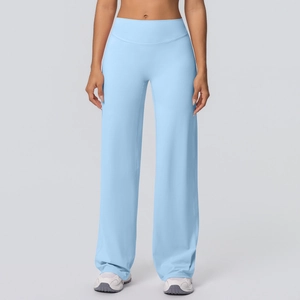 High-waisted light blue wide-leg yoga pants with a tummy control design for fitness