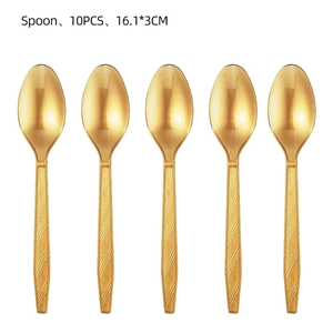 Detail of 10-piece gold disposable spoons with textured handles for party dining