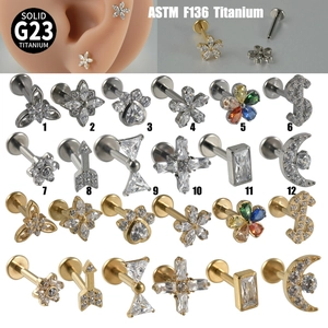 Titanium F136 internal thread ear stud collection with zirconia in silver and gold finish