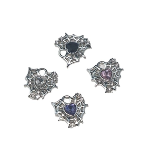 Silver spider web heart pendant charms with multicolored rhinestones for DIY jewelry