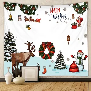 Detail of Christmas wall tapestry featuring reindeer, snowman, and festive wreaths decor