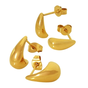 Minimalist gold teardrop stud earrings with smooth metallic finish and butterfly backings