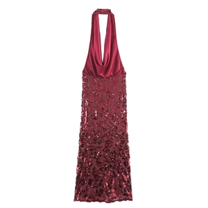 Sexy wine red halter neck sequin dress with satin cowl neck for women party wear