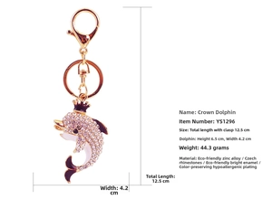 Detailed size specifications of crown dolphin keychain with rhinestones and alloy material