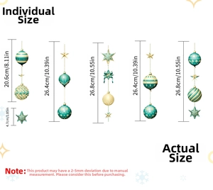 Detailed size guide for Christmas ball window stickers showing dimensions in cm and inches