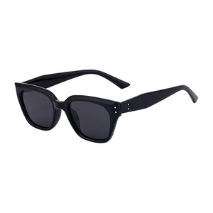 Classic black polarized sunglasses with silver rivets and grey lenses in 45-degree view