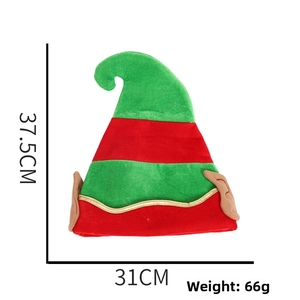 Detail of Christmas elf hat with red and green stripes and size dimensions 37.5 x 31 cm
