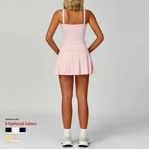 Vestido deportivo rosa plisado con espalda abierta para tenis y yoga con tirantes