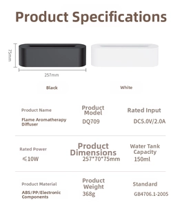 Technical specifications and dimensions for 3D flame effect aroma diffuser with 150ml tank
