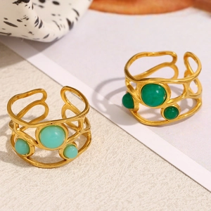 French vintage 18K gold plated stainless steel open rings with green gemstone inlays
