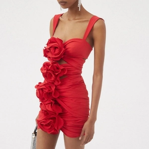 Red slim fit dress with 3D rose flower decorations and side cut-outs for women