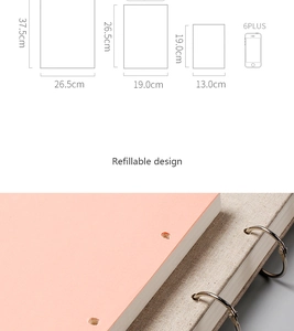 Detail of refillable linen sketchbook showing loose-leaf metal rings and size comparison chart