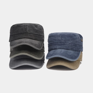British style washed cotton flat top military cap for outdoor sun protection in multiple colors
