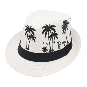 Panama straw trilby hat with black palm tree and bird prints for beach vacations