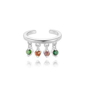 Close-up of S925 sterling silver ear clip with four colorful marquise gemstone drops