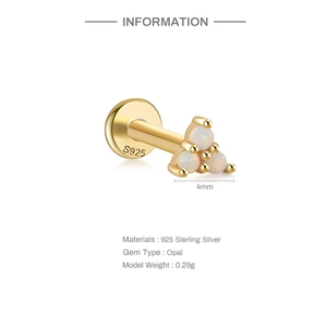 Macro detail of S925 sterling silver opal stud with engraved hallmark and dimensions