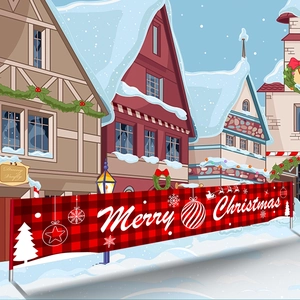 Red and black buffalo plaid Merry Christmas banner with snowflake and reindeer patterns