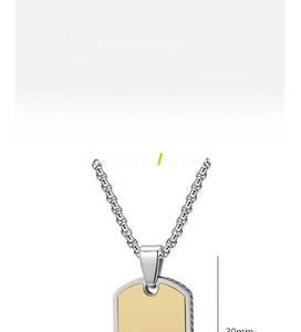 Detail view of 30mm military tag pendant in silver and gold tone titanium steel