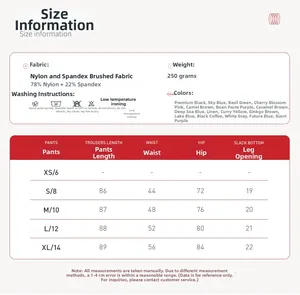 Detailed size chart for high waist yoga pants including length, waist and hip measurements