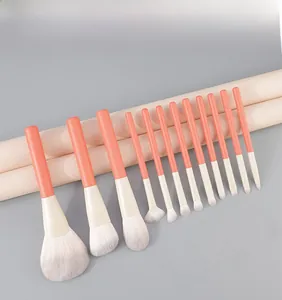 Detailed arrangement of 13 makeup brushes with peach matte handles and white soft bristles