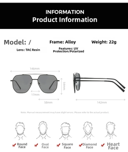 Detailed size specifications and material chart for polarized retro sunglasses