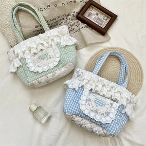 Detailed close-up of quilted plaid handbags with lace edges and cute rabbit embroidery
