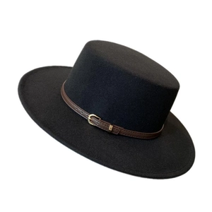 Classic black flat top boater hat with a brown leather belt buckle for men and women