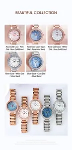 Close-up of GEDI women watches featuring rhinestone bezels and mother-of-pearl dials