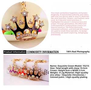 Macro detail of alloy crown keychain with sparkling rhinestones in multiple colors