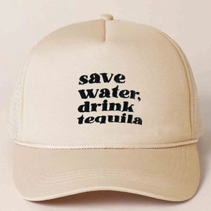 Detail of truck hat with save water drink tequila embroidery and breathable mesh