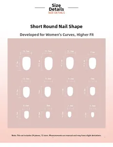 Size chart showing 24 pieces of short round press-on nails in 12 different dimensions