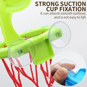 Green dinosaur basketball hoop with double suction cups for smooth bathtub walls