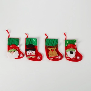Set of four plush Christmas stockings with sequins featuring Santa, Snowman, Deer, and Bear