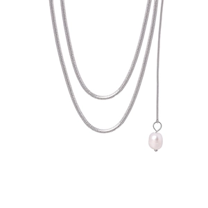 Double Layer Titanium Steel Snake Bone Chain Necklace With Artificial Pearl Pendant French Minimalist Sweater Chain For Women